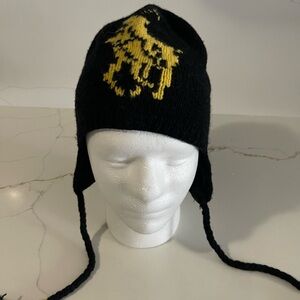 Ralph Lauren Black Knit Earflap Beanie with Yellow Polo Graphic